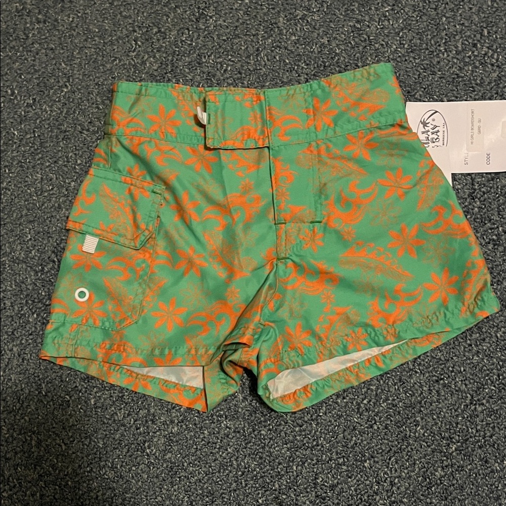 Hawaiian swim shorts-Green and white Orange Floral Shorts